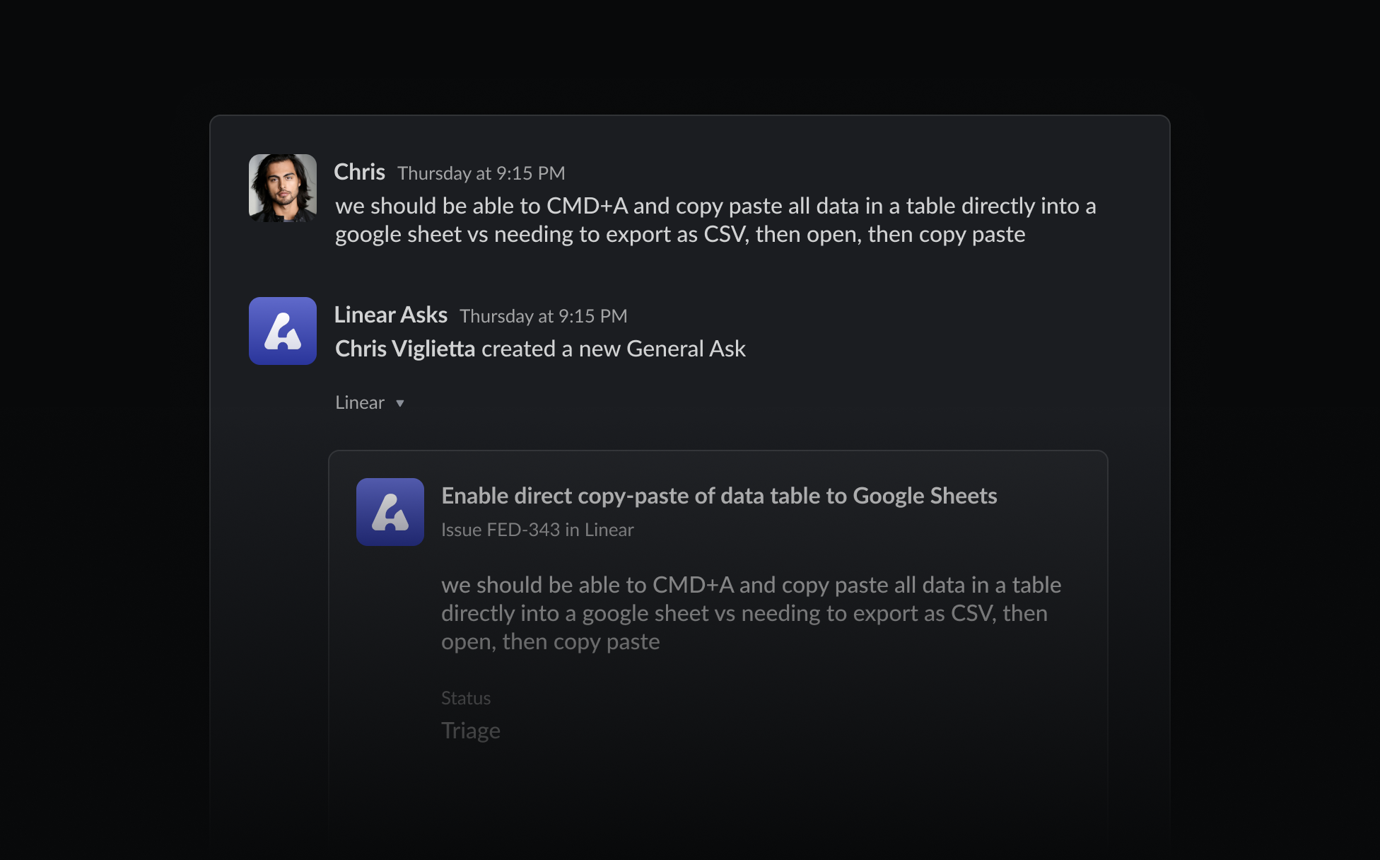 Linear Asks being used to create a bug in Linear