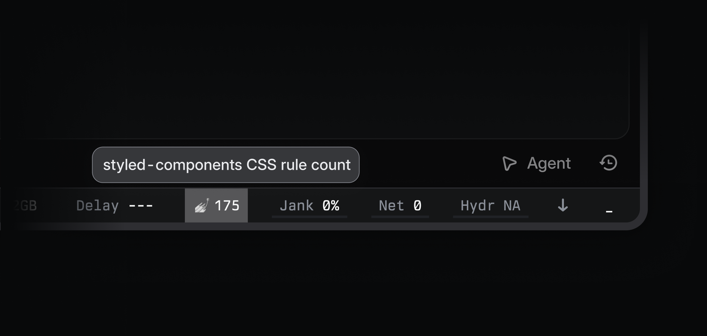 Dark-themed interface showing a performance toolbar. A tooltip reading “styled-components CSS rule count” points to a highlighted metric showing a broom icon and the value 175, alongside Delay, Jank, Net, and Hydr metrics