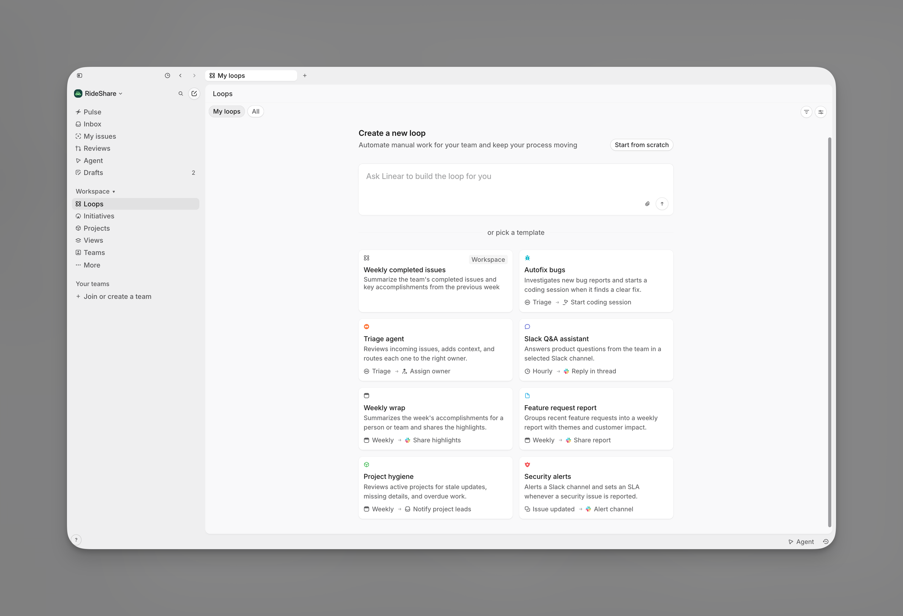 Create a new loop page with a prompt box, Start from scratch button, and workflow templates