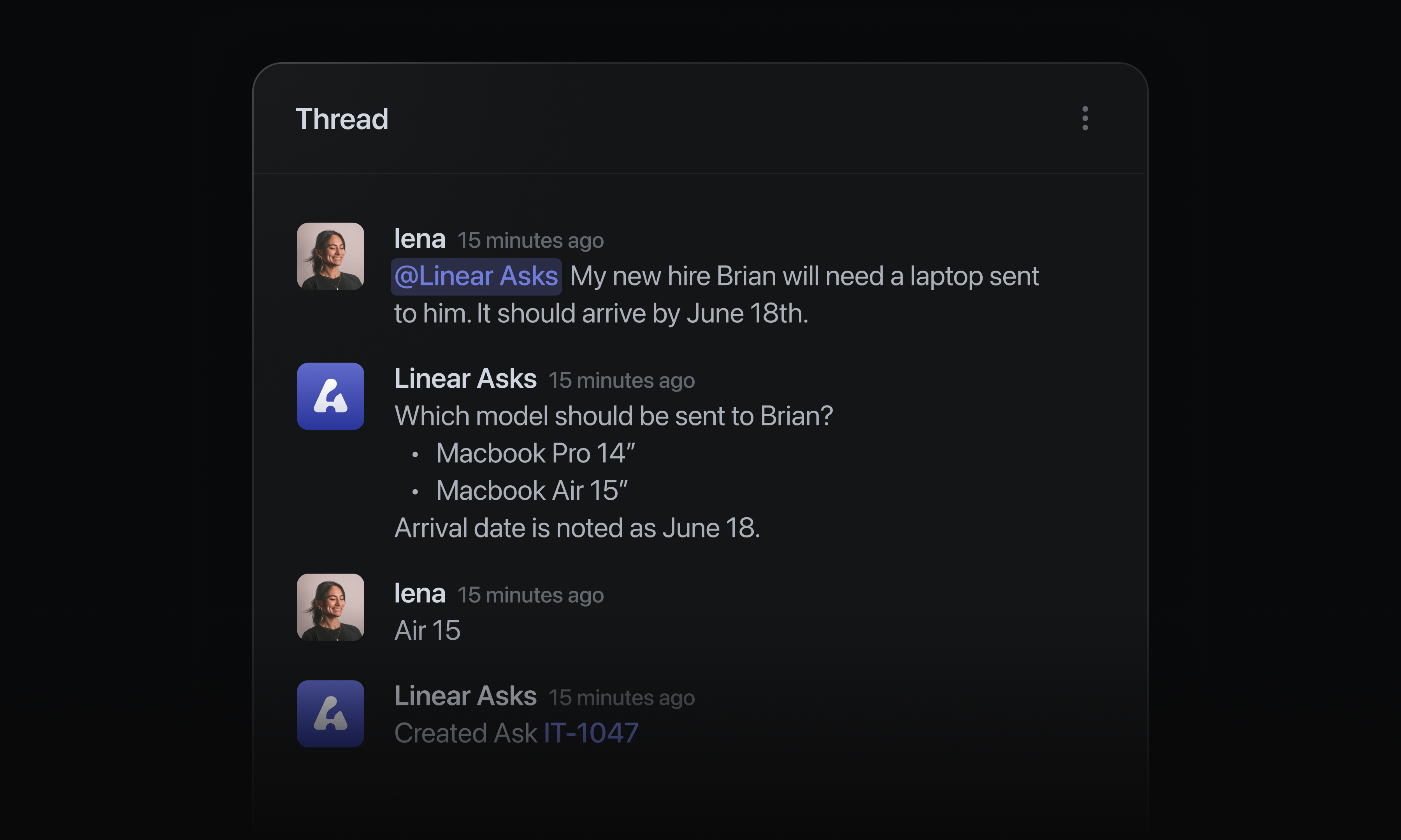 User mentions @Linear Asks in Slack, and Asks replies with a clarifying question -- which laptop model should be sent to Brian? The requester answers and Asks creates the issue.