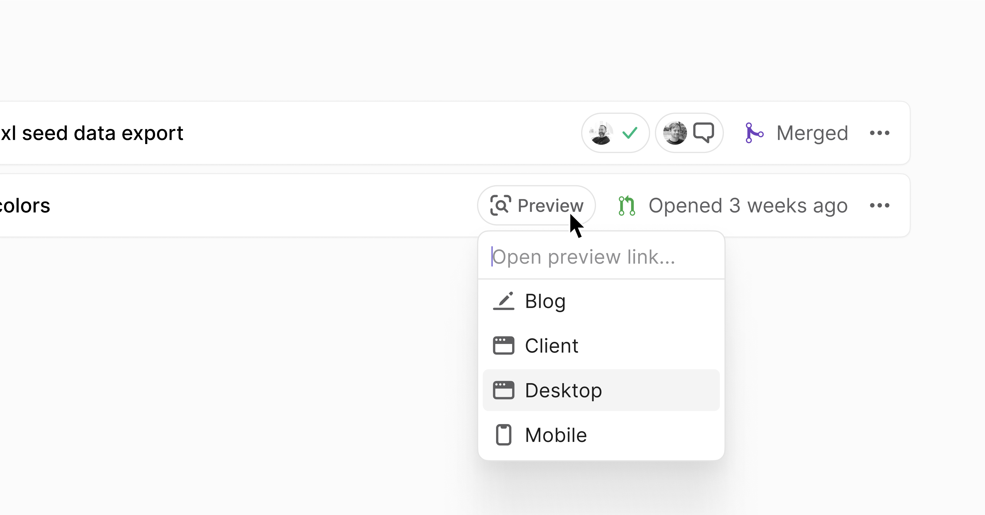 Pull request preview link showing multiple preview links to blog, client, desktop, and mobile previews