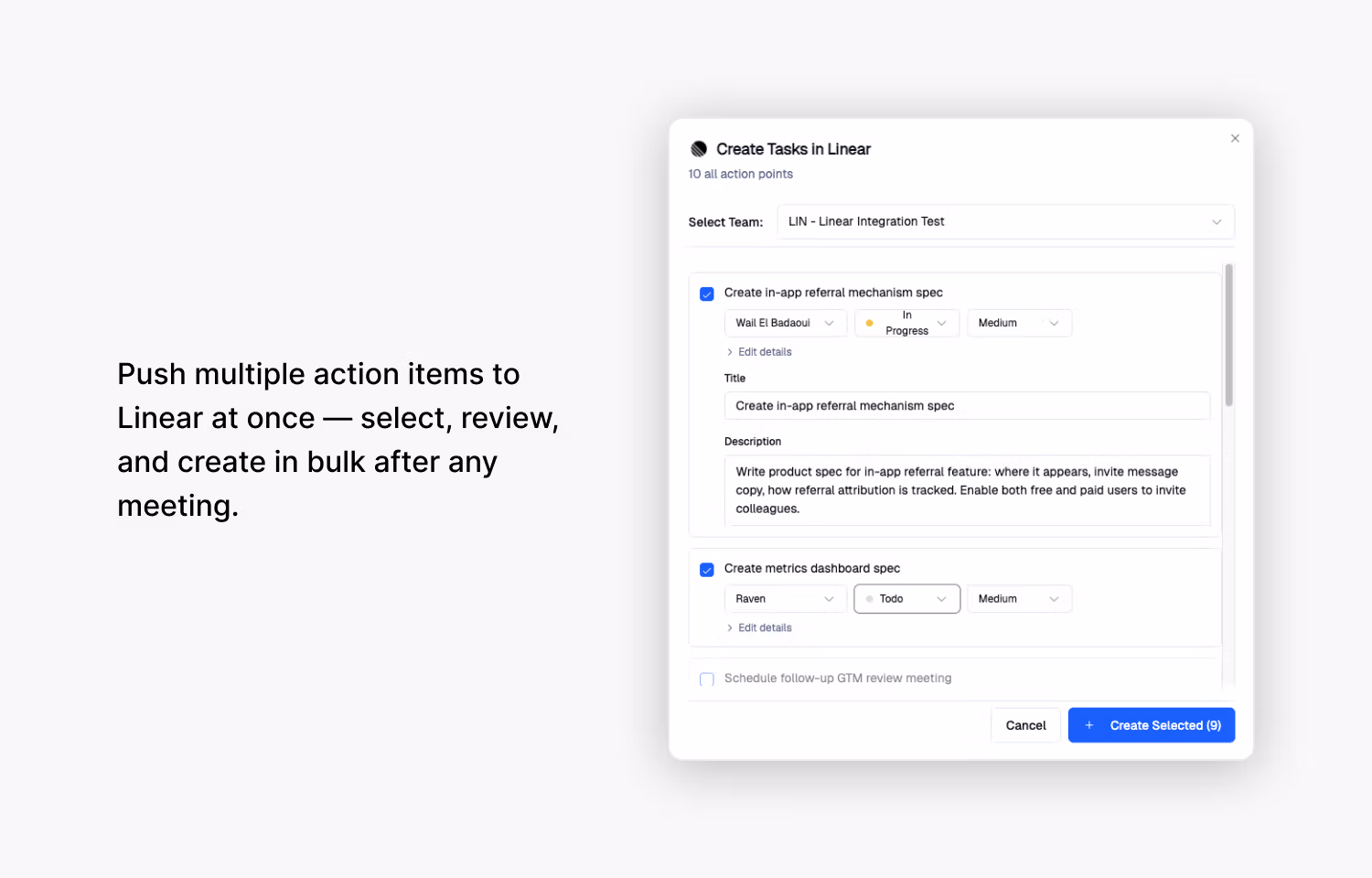 Push multiple action items to Linear at once