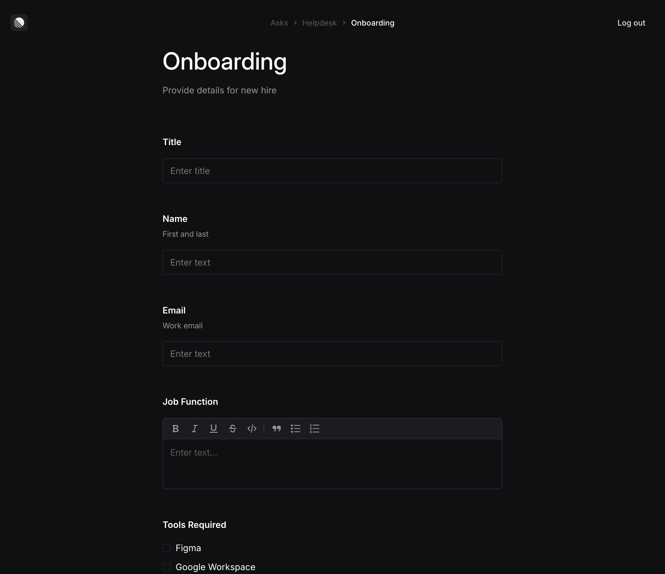 Onboarding form for web asks