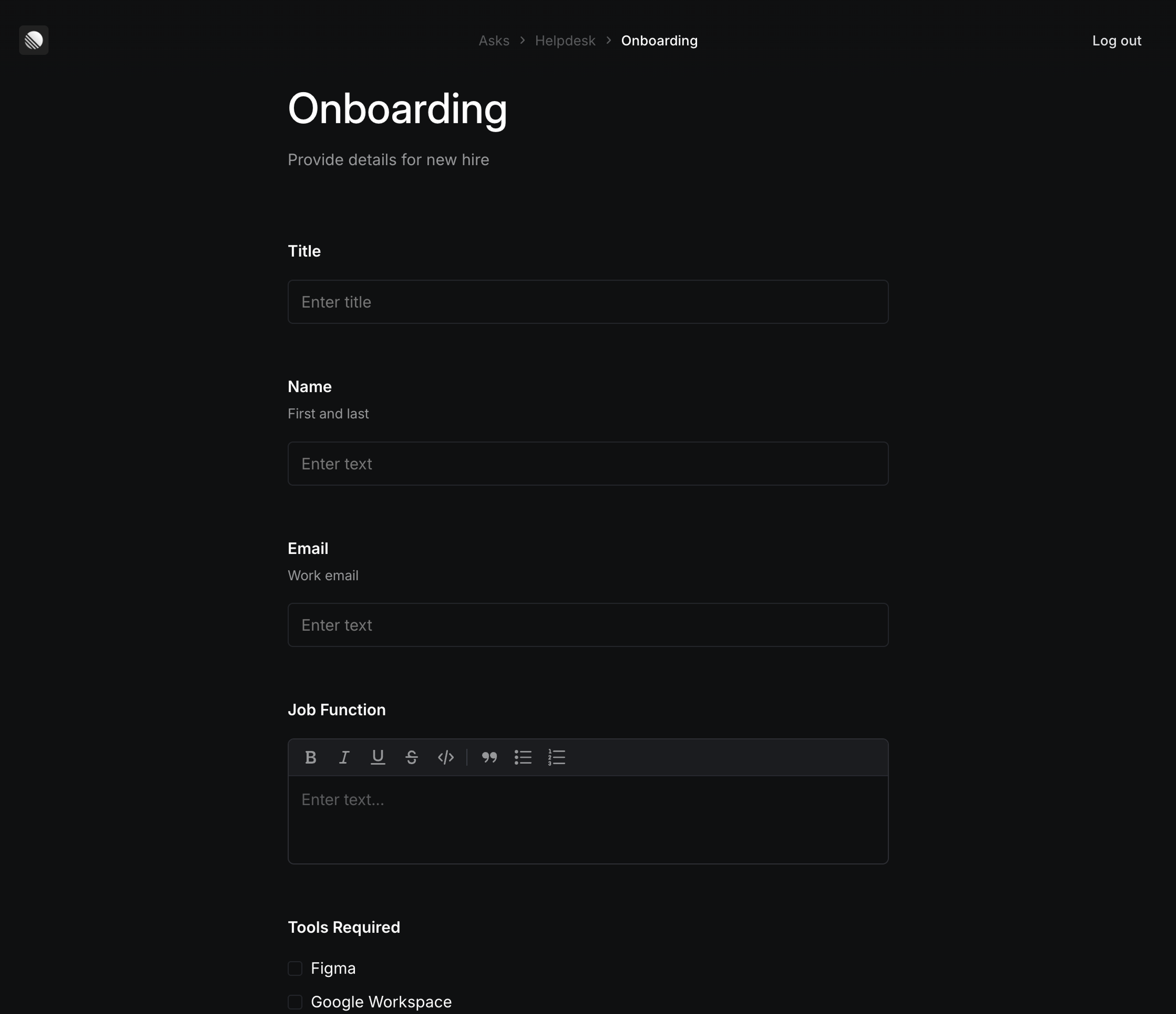 Onboarding form for web asks