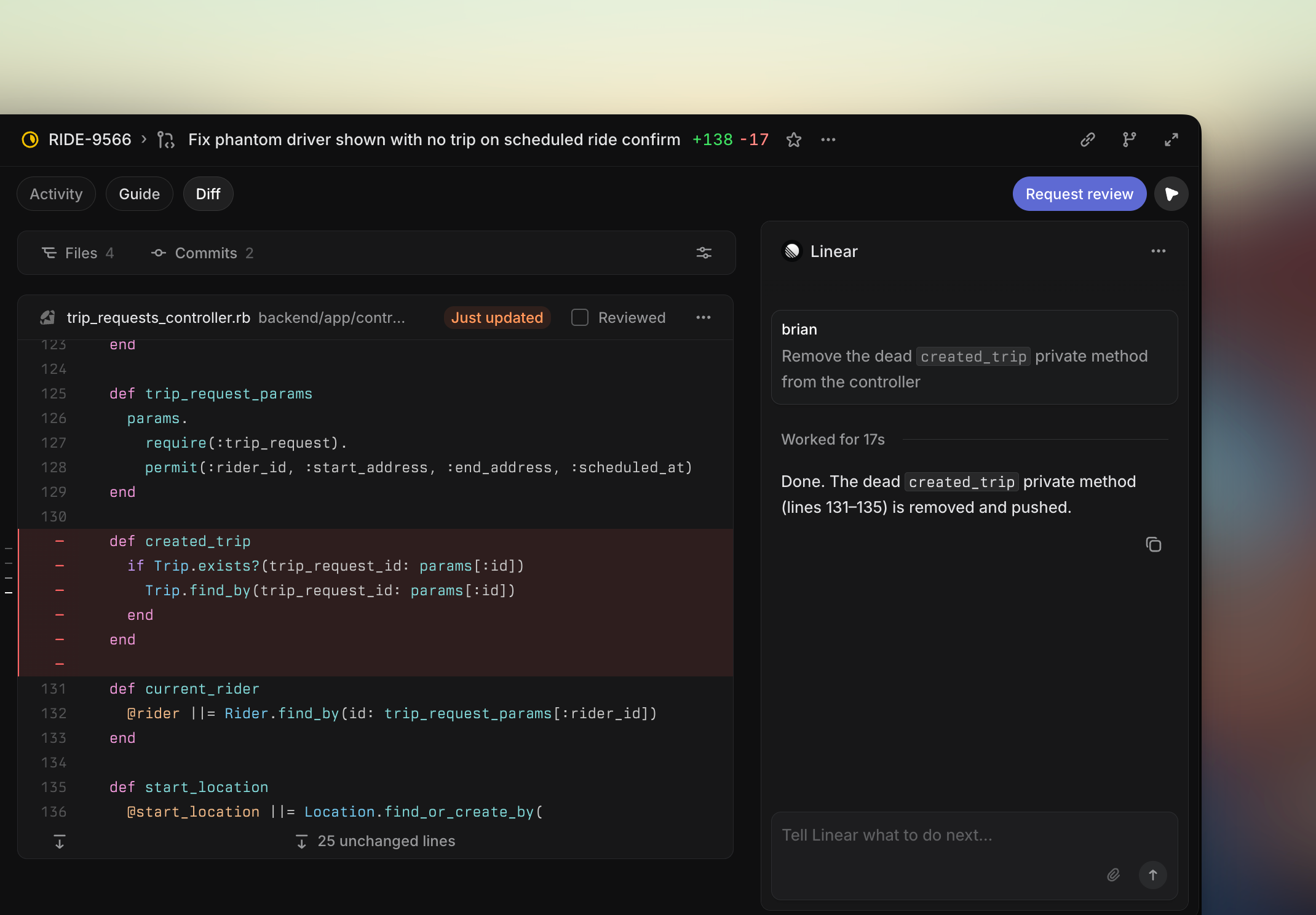 Inspect Linear Agent's code change in your Reviews tab