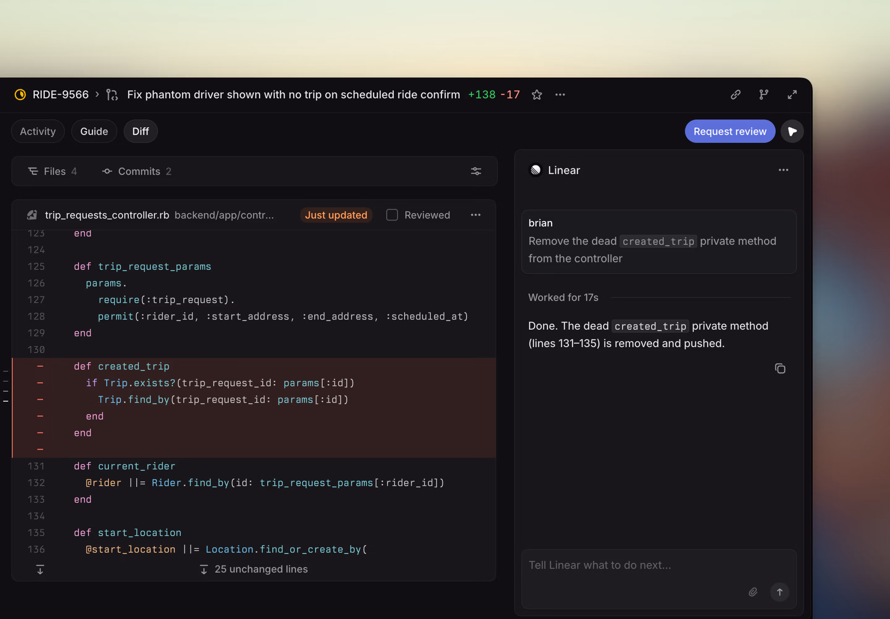 Inspect Linear Agent's code change in your Reviews tab