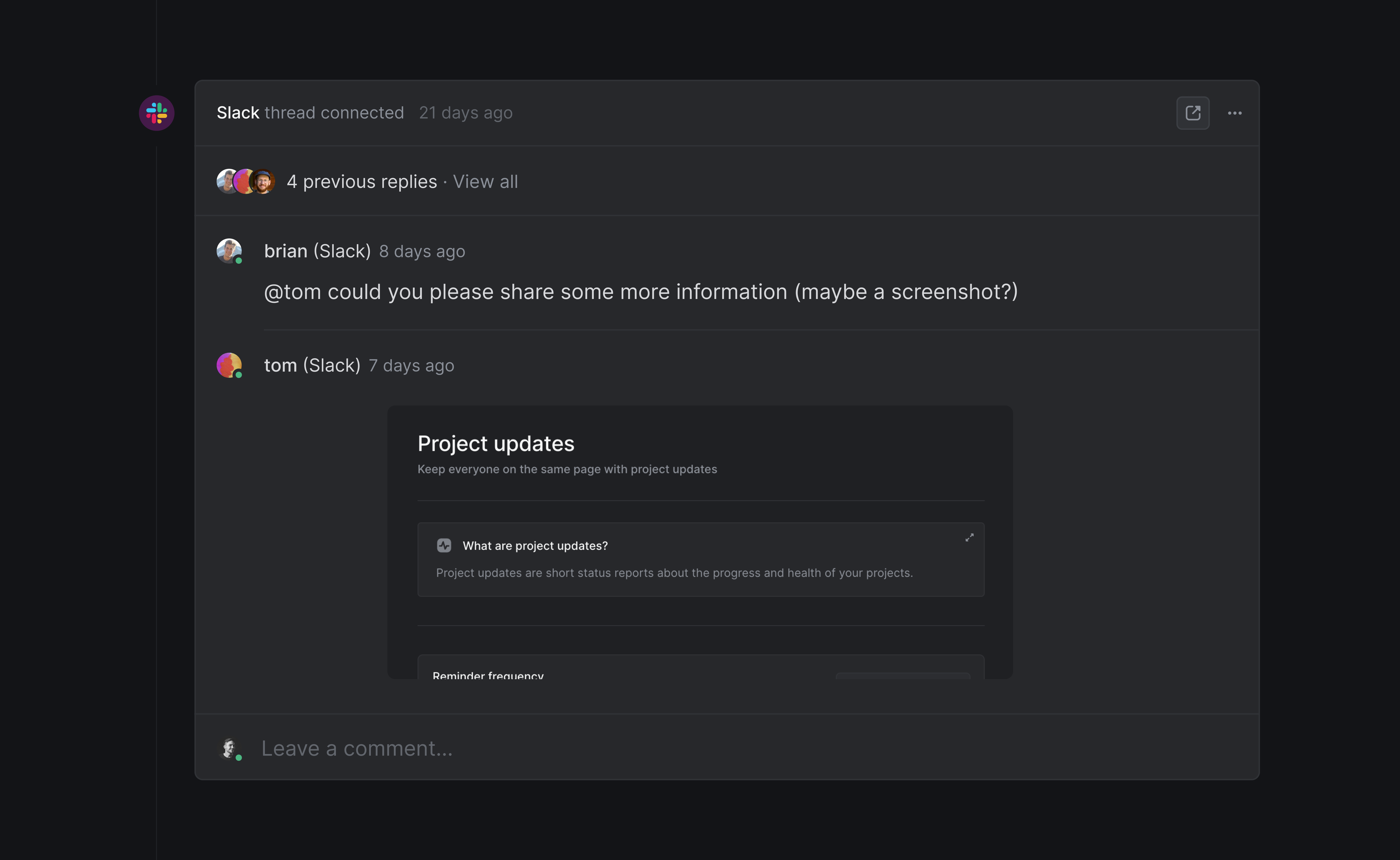 Image showing a synced thread in Linear that also posts to Slack