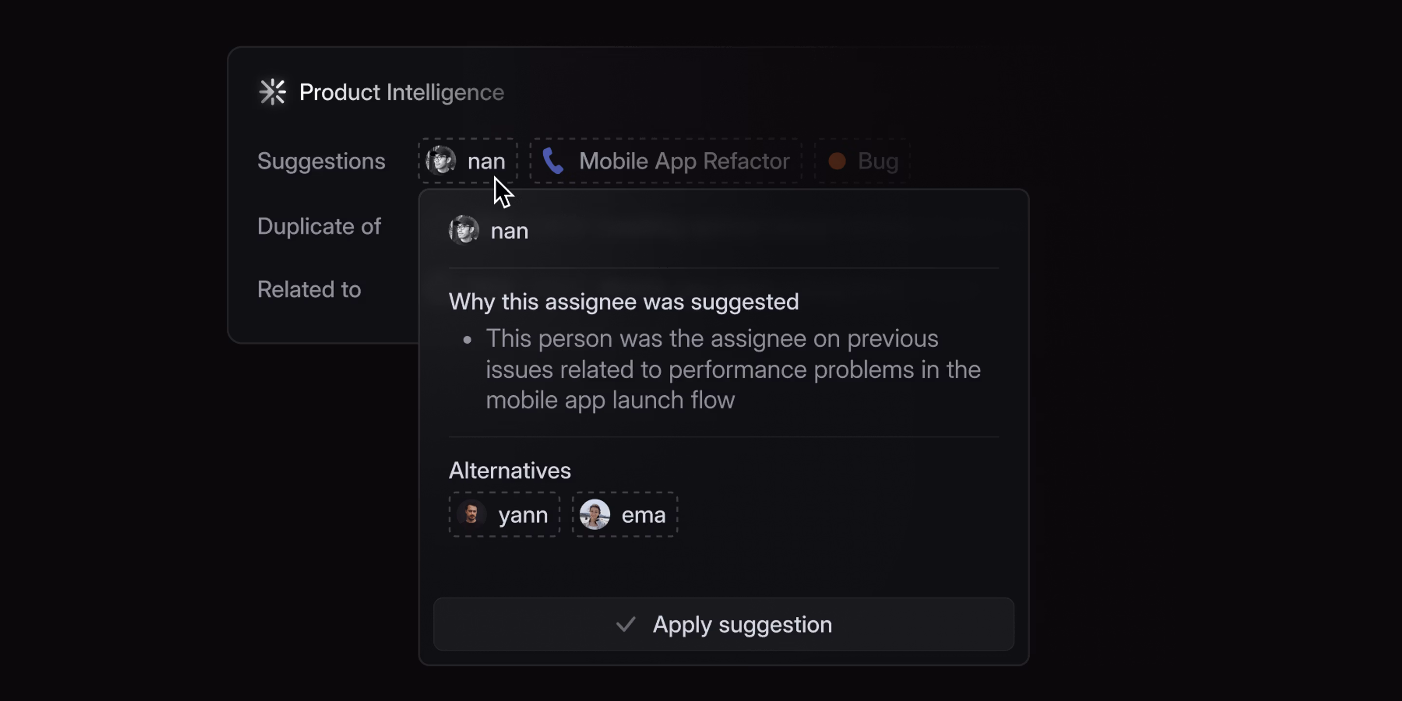 Assignee suggestion detail explaining why the suggestion was made