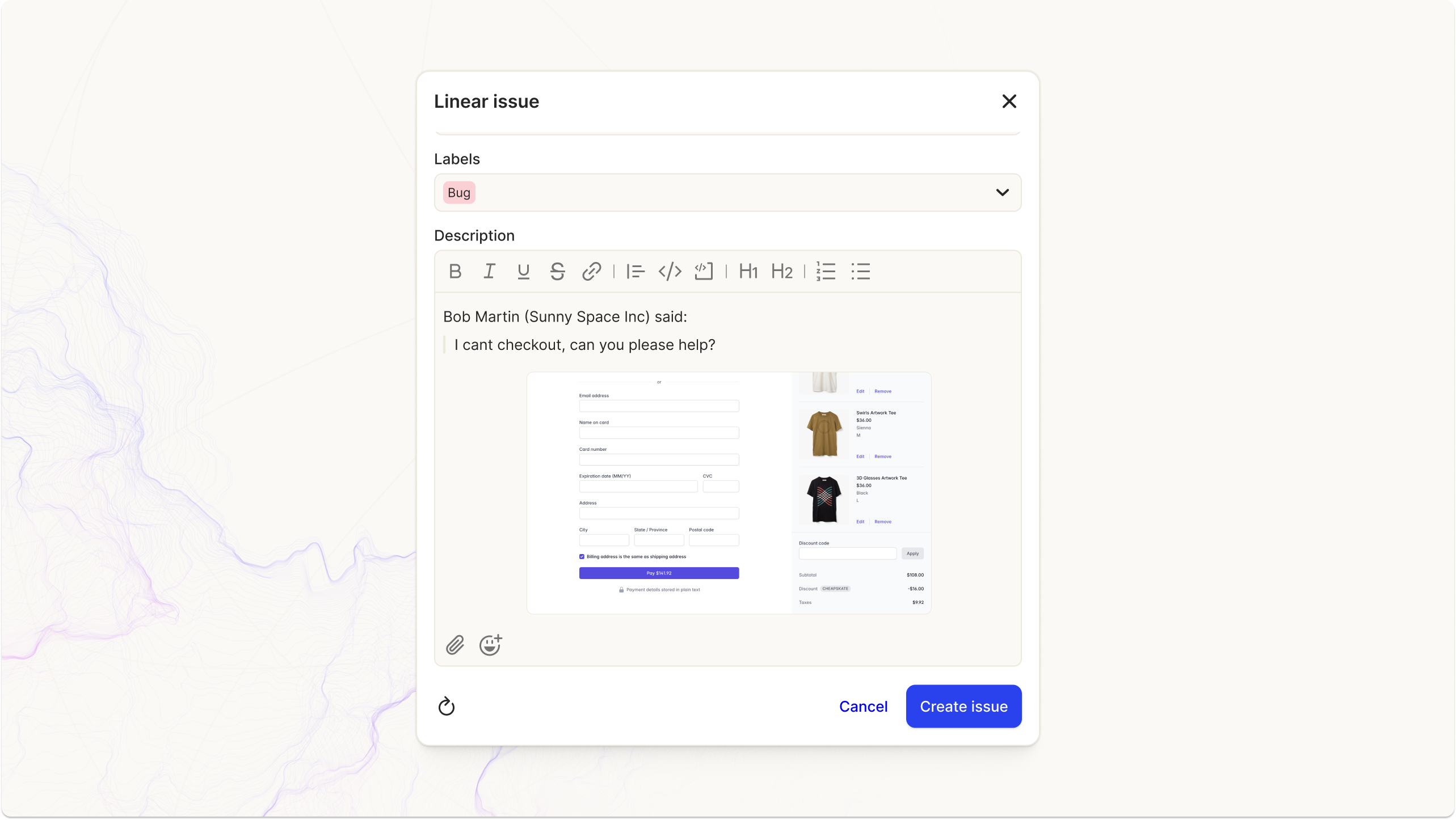 Atlas Support interface for creating Linear issues