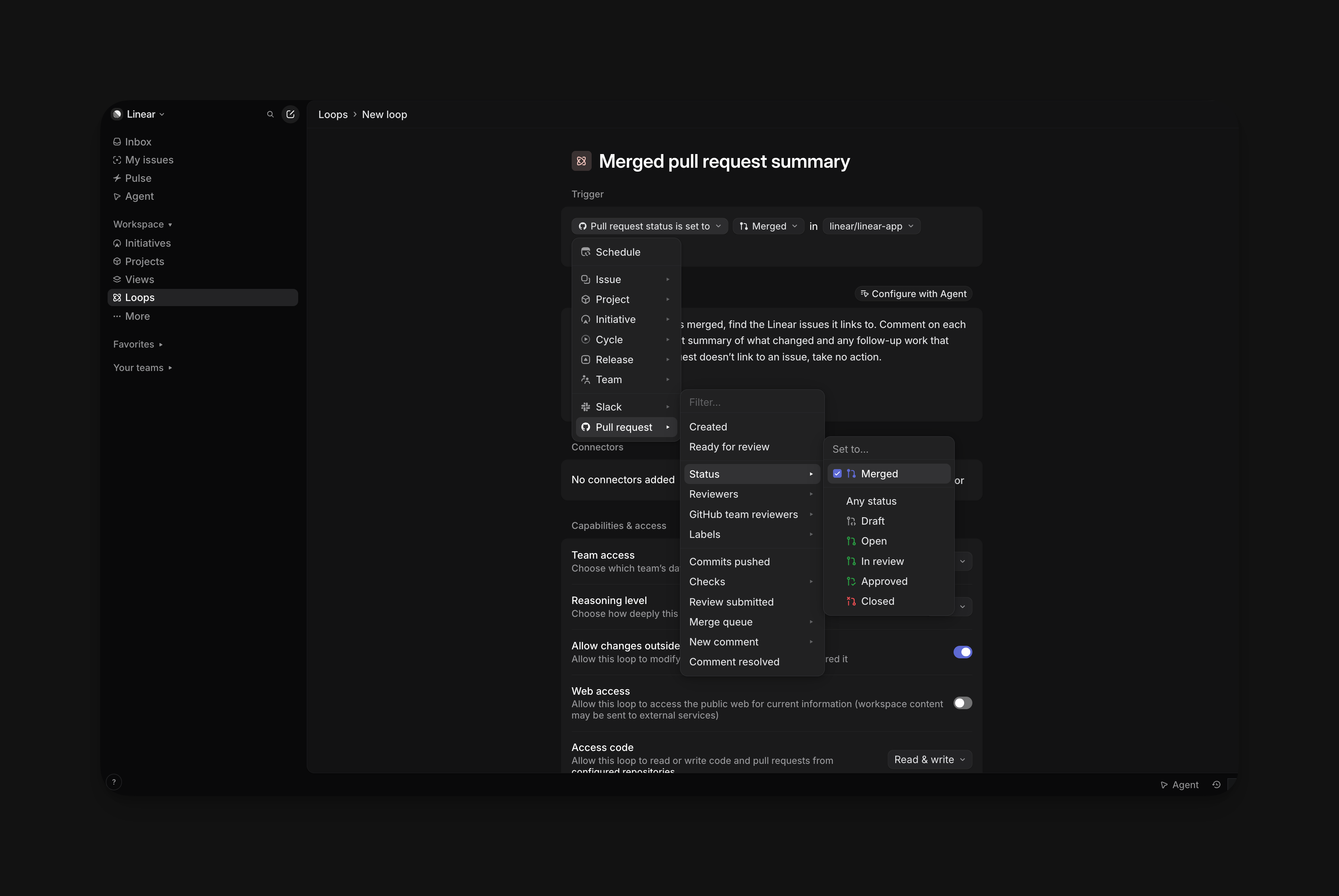 Loop trigger set to Pull request status is set to Merged in a connected GitHub repository, with instructions to comment on linked issues when a pull request is merged