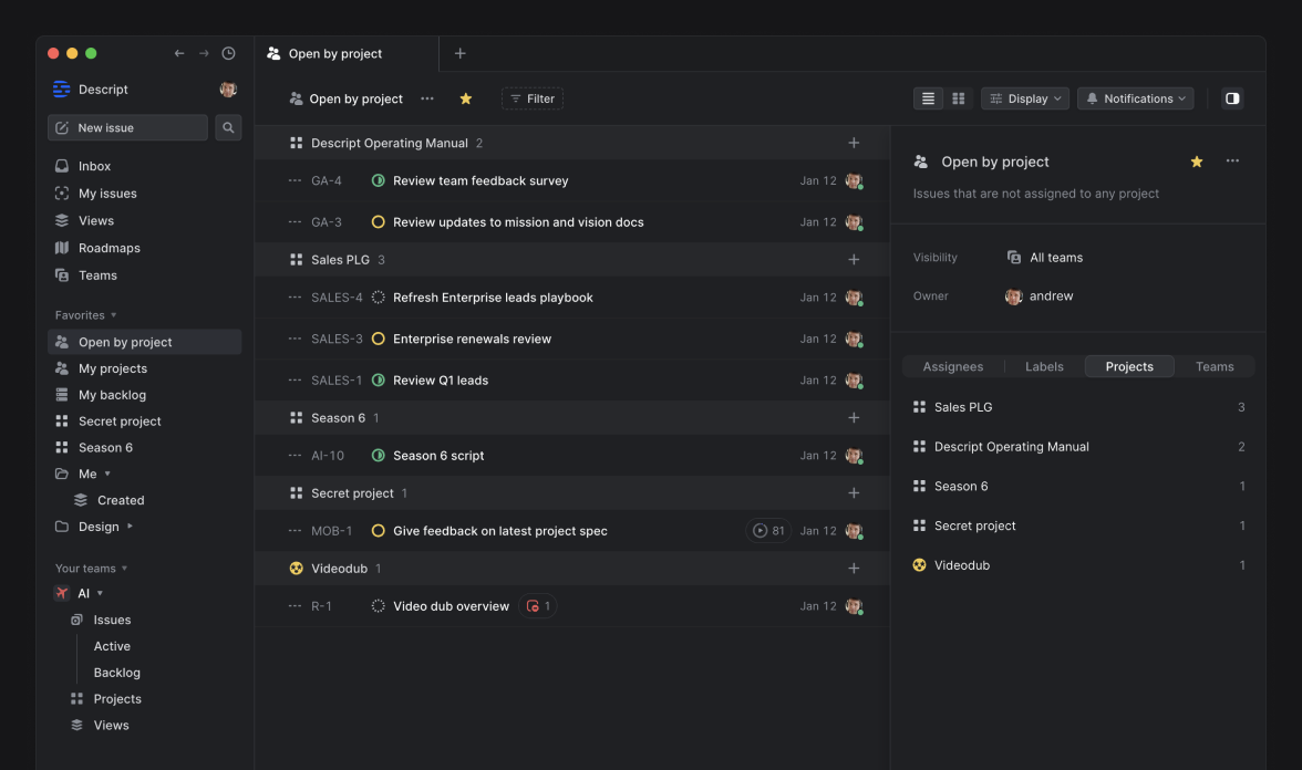 Screenshot of the Linear UI featuring Andrew's Open by Project view which groups backlog tasks by project area. 