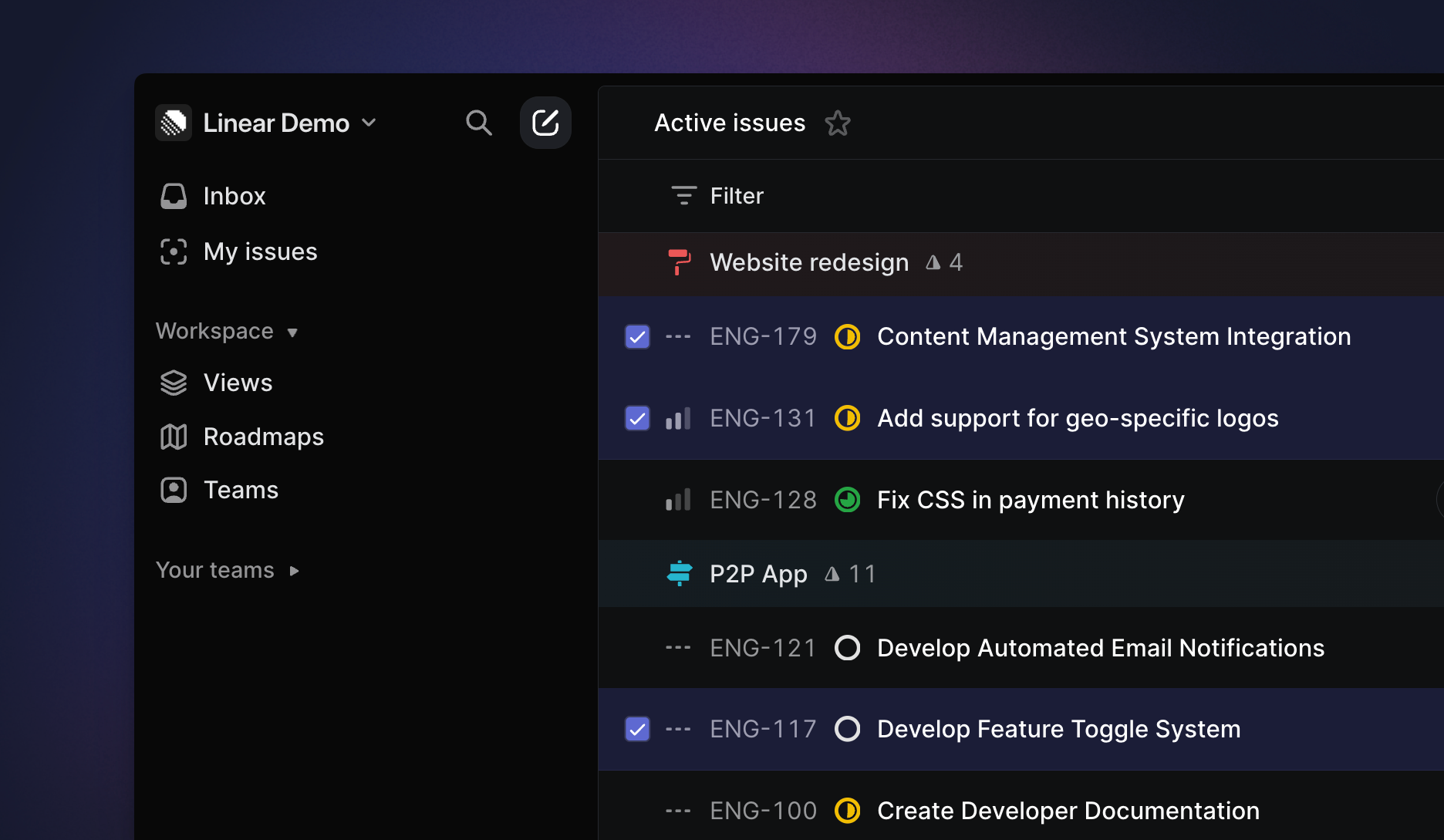 Linear app showing multiple issues selected