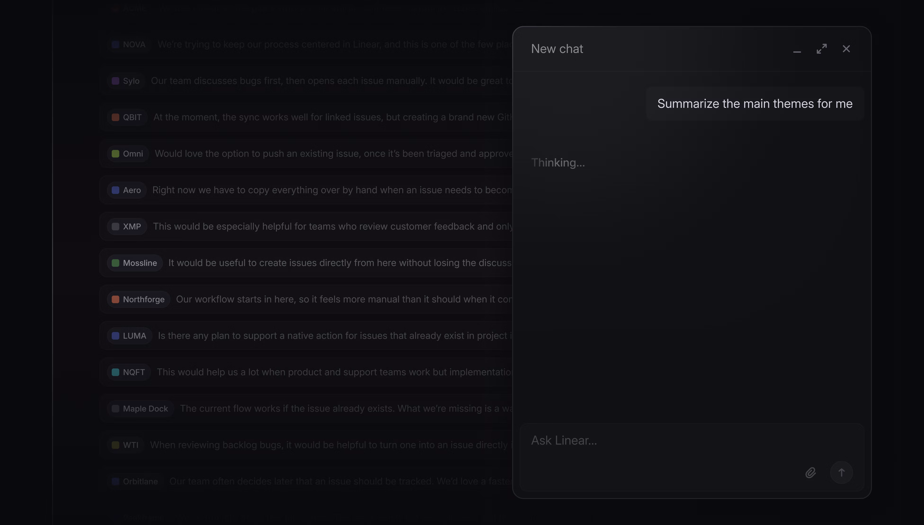Dark UI mockup of an AI chat panel summarizing discussion themes inside Linear.